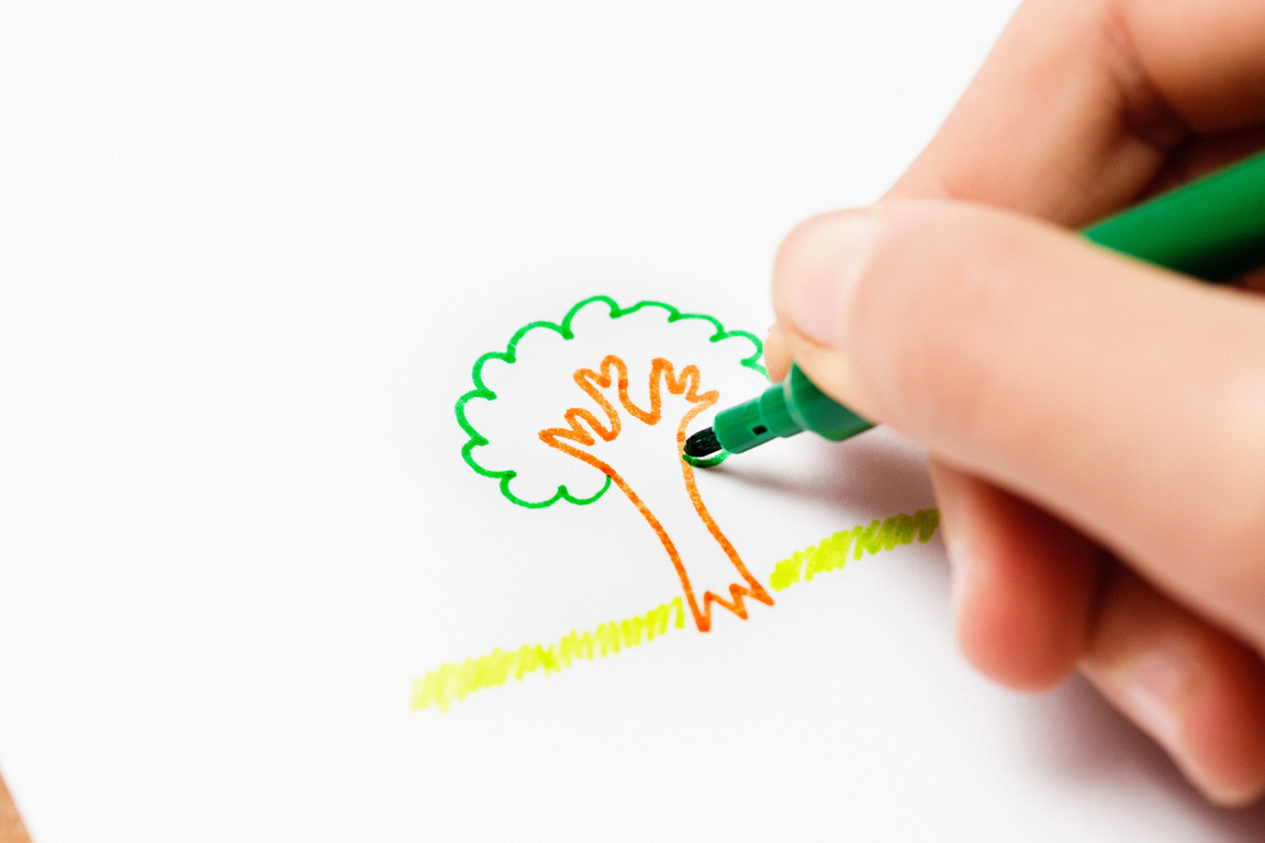 Child's hand drawing a tree